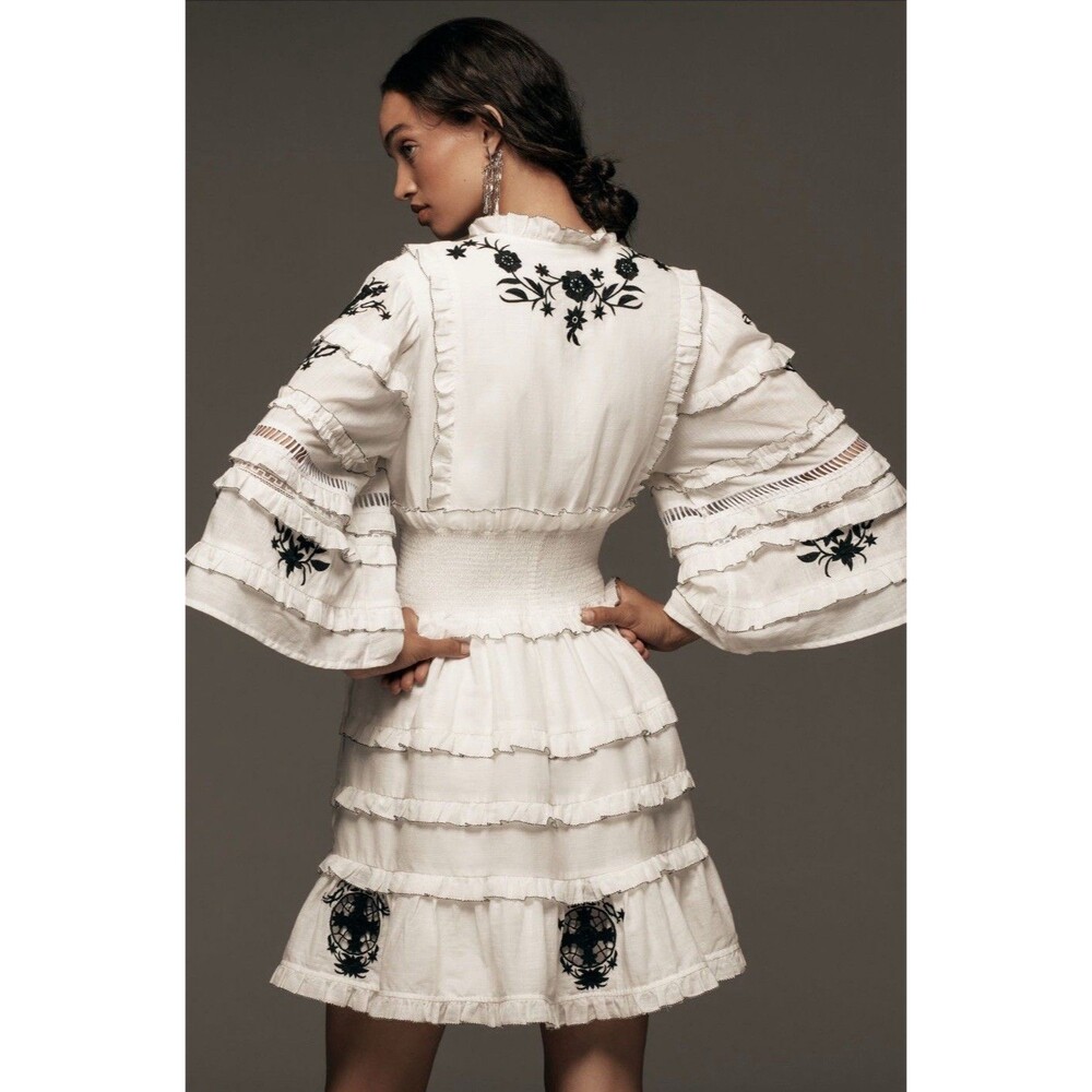 Anthropologie Mini Dress Ivory Embroidered Ruffled Vacay Preppy Boho Sz  XS NWT - Picture 7 of 13
